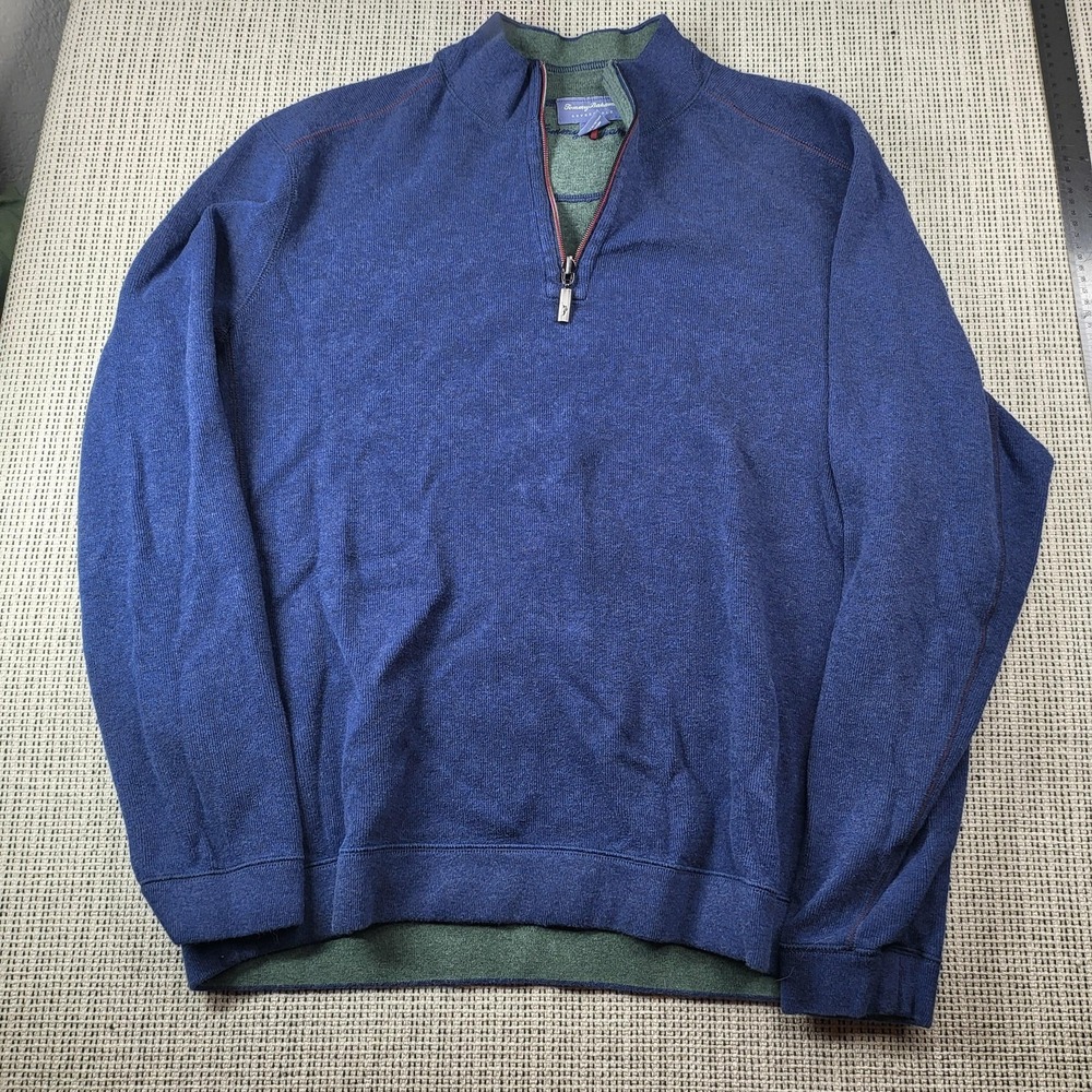 Tommy Bahama Sweater Mens XL Blue Green Reversible Quarter Zip Pullover Marlin